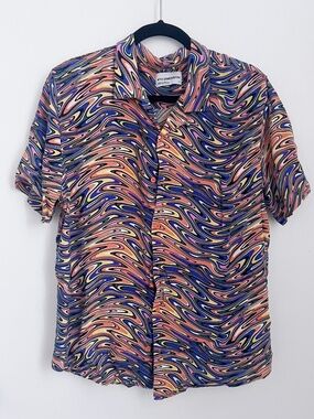 Rainbow Abstract Button Down Shirt Mens Size Large Rayon Short Sleeve